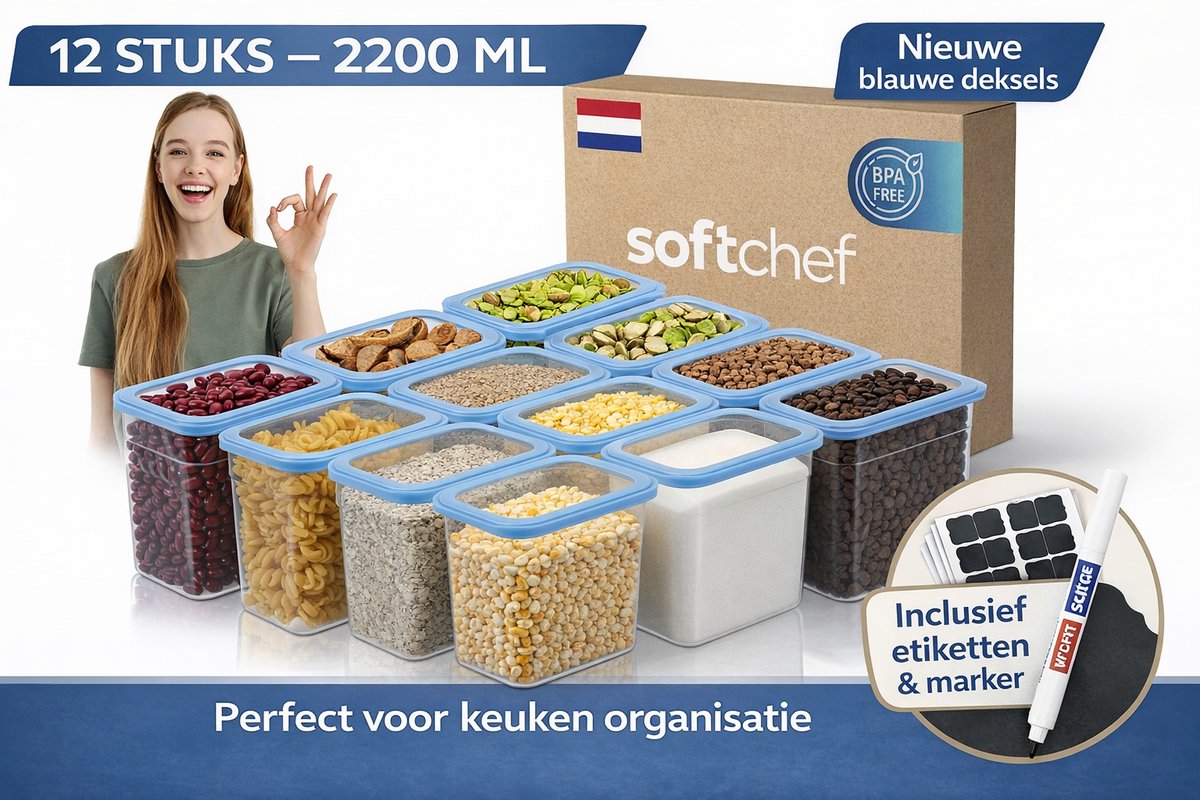Soft Chef Viola Bewaardozen Set - 12 Delig – 2200 ml – Rechthoek – BPA Vrij – Keuken Opbergdozen – Keuken Organiser – Voorraadpotten – Blauwe Deksels