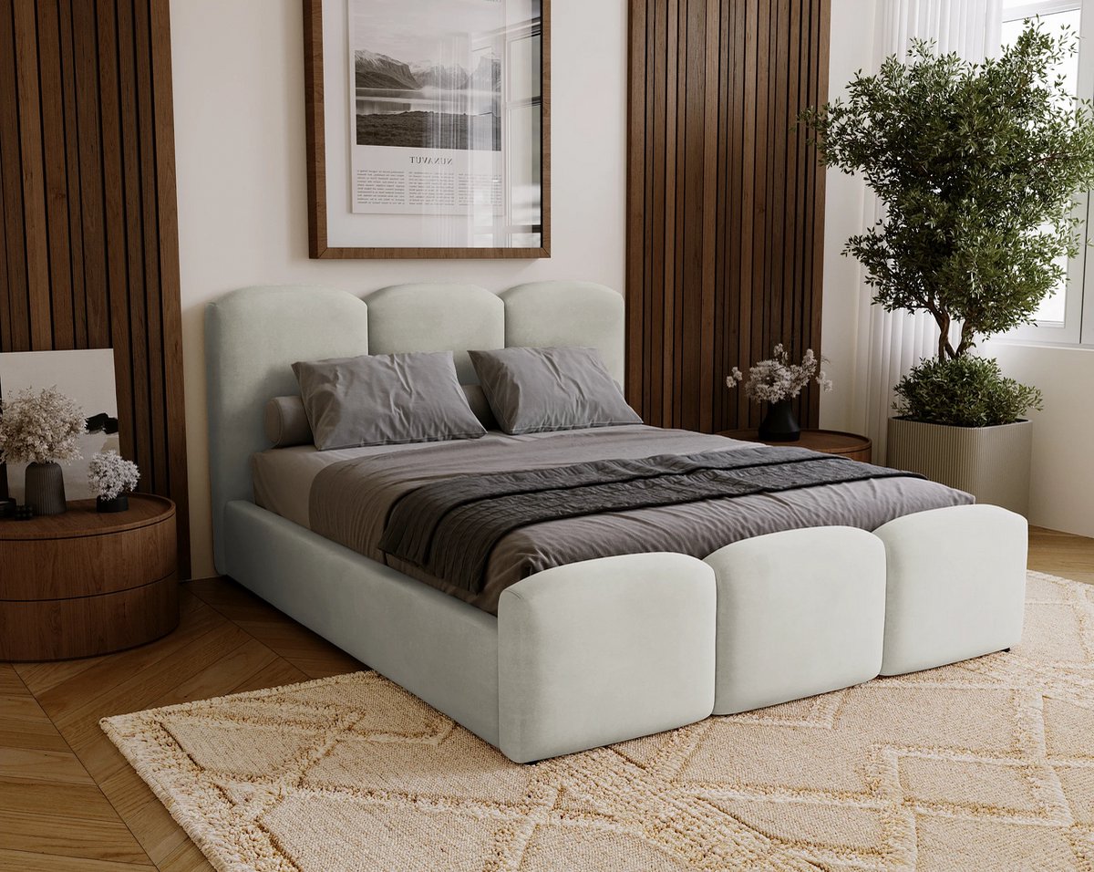 Gestoffeerd Tweepersoonsbed 200x200 cm met Opbergruimte – Luxe Velours Bed met Hoog Hoofdbord en Voorpaneel, Houten Lattenbodem, Lichtgrijs – Camille Elegance – Laura