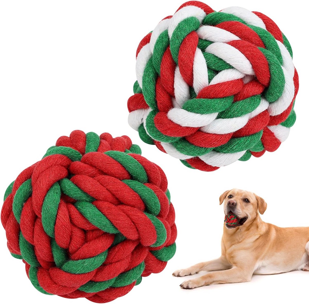 Honden Touwballen - Kauwspeelgoed Ballen - Tanden Reinigen - Set van 2 - 7 cm Diameter - Rood Groen Wit