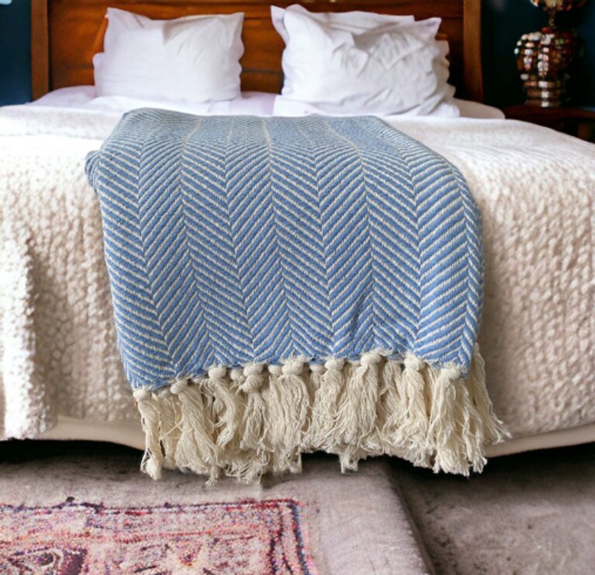 FAB Home Handgemaakte Deken Plaid Licht Blauw 170 x 130cm Licht blauw met wit
