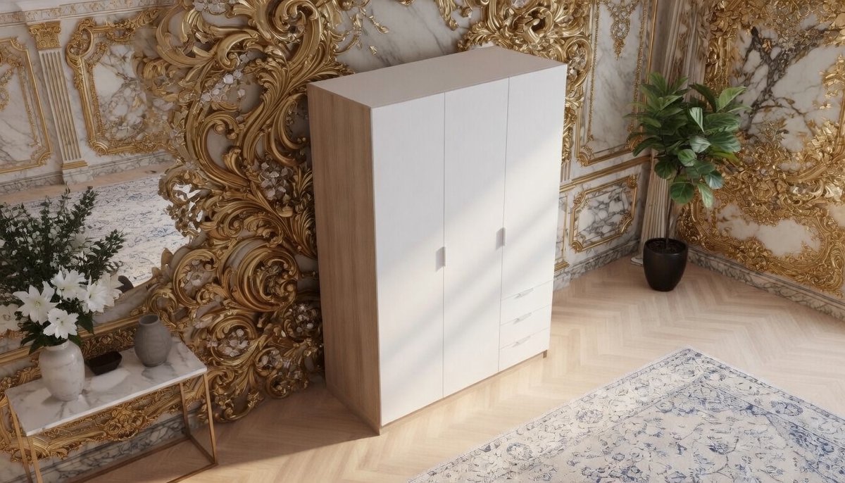 Kledingkast met 3 Deuren en 3 Laden – Casa Velluto NordicLine Garderobekast 121x184x52 cm Naturel/Wit – Moderne Slaapkamerkast met Legplanken en Kledingroede – Compacte Opbergkast voor Kleding