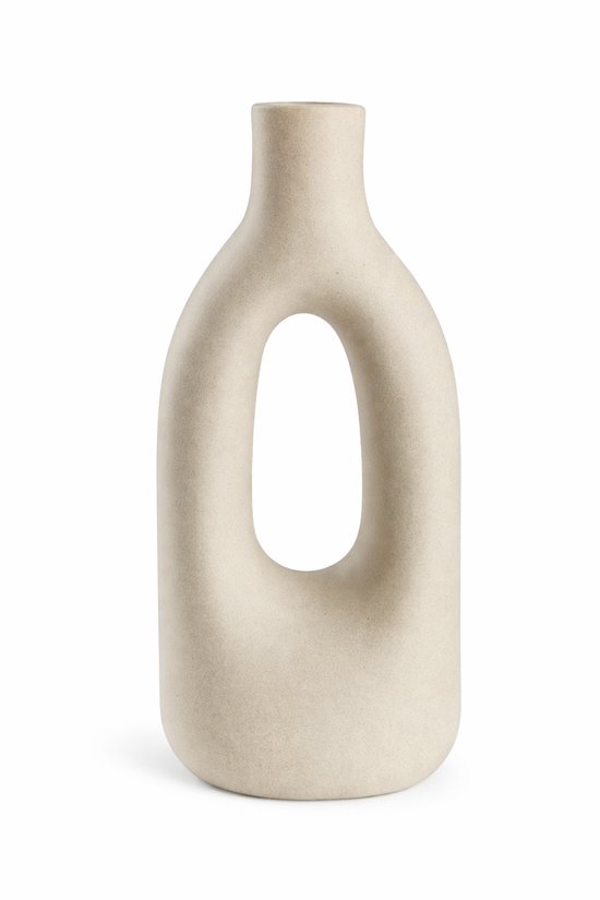Design Vaas Grijs Ø8x20 cm – Moderne Keramische Vaas met Sculpturale Opening – Decoratieve Bloemenvaas Aardewerk