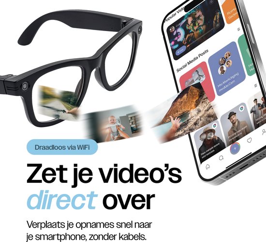 REBØNE® Camera Bril - AI Bril met Camera - Slimme Bril 8MP 1080p Full HD - Smart Glasses en Zonnebril met Bluetooth, Muziek en Bellen - 2 Sets Verwisselbare Glazen - Nederlandse App - Zwart met donkere Glazen — afbeelding 3