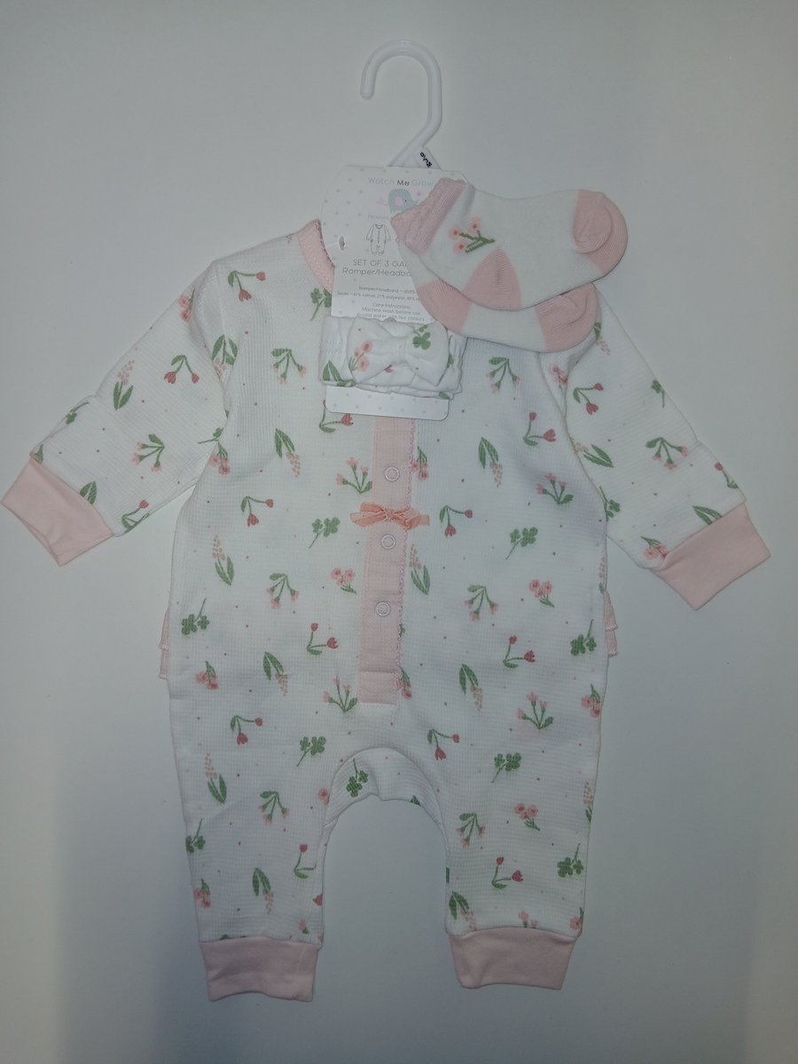 Watch Me Grow - 3-delige kraam cadeauset - wafelstof - ruches - newborn - maat 56