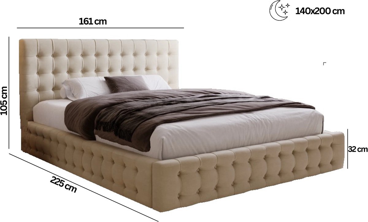 Laura Gestoffeerd Tweepersoonsbed 140x200 cm – Luxe Velours Bed met Opbergruimte en Houten Lattenbodem – Elegant Knopenontwerp – Comfortabel Slaapbed – Laura Beige
