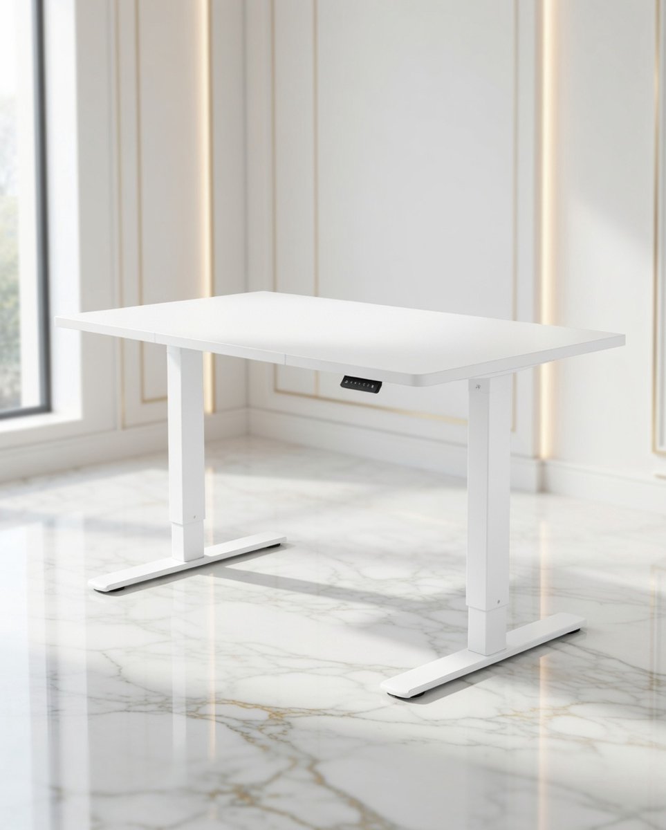 FlexiStand Elektrisch In Hoogte Verstelbaar Bureau 140x60 cm – Staand Bureau met USB-Oplaadpoort, Ergonomisch en Stabiel – Verstelbare Computertafel voor Thuiswerk, Kantoor en Studeren – Wit House&Garden
