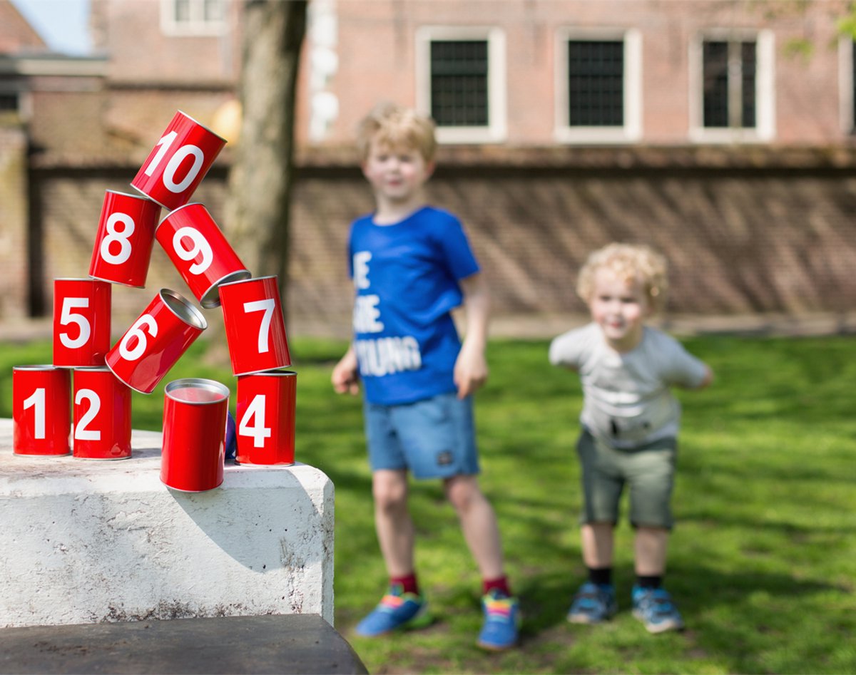 BS Toys Blikgooien Werpspel - Speelgoed Pittenzak Gooien - Kinderspeelgoed vanaf 3 Jaar - Buitenspeelgoed - 10 Blikken - Rood - Spelletjes voor kinderen - Buiten speelgoed - Buitenspel - Buiten Spellen - Tuin Speelgoed - Cadeau kind — afbeelding 8