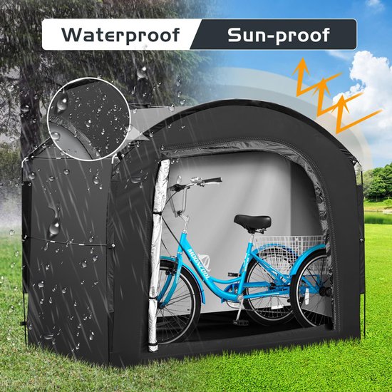 Zwarte fietsenstaltent met een blauwe fiets en een mandje voorin. Boventekst: Waterproof, Sun-proof.