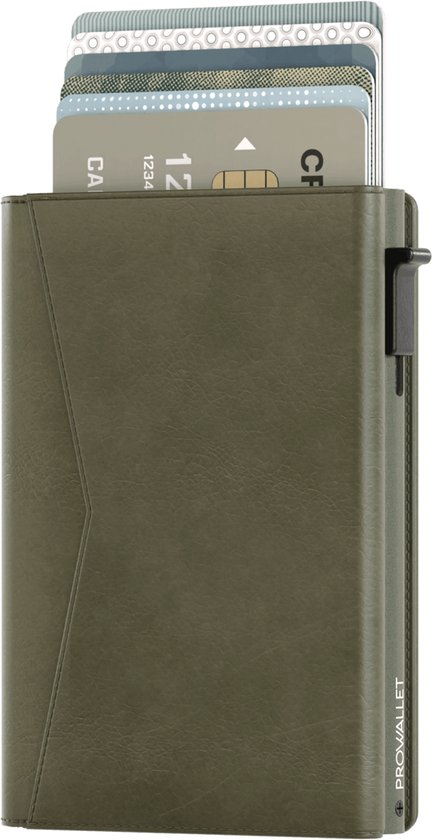 Prowallet Classic - Vert olive - Porte-cartes pour 9 cartes, billets et monnaies - Extensible - Porte-cartes de crédit RFID - Porte-cartes portefeuille, porte-cartes pour hommes et femmes - Aluminium, cuir artificiel - Incl. boîte cadeau Luxe