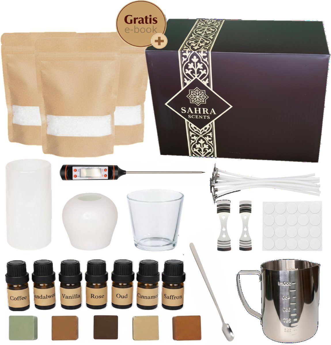 Sahra Scents - Luxe Arabische DIY Kaarsen Maken Set - 7 Oosterse Geuroliën - Complete Candle Kit - E-book - 600 gram Soja Wax - Inclusief Lonten, Glas en Mallen - Creatief Cadeau