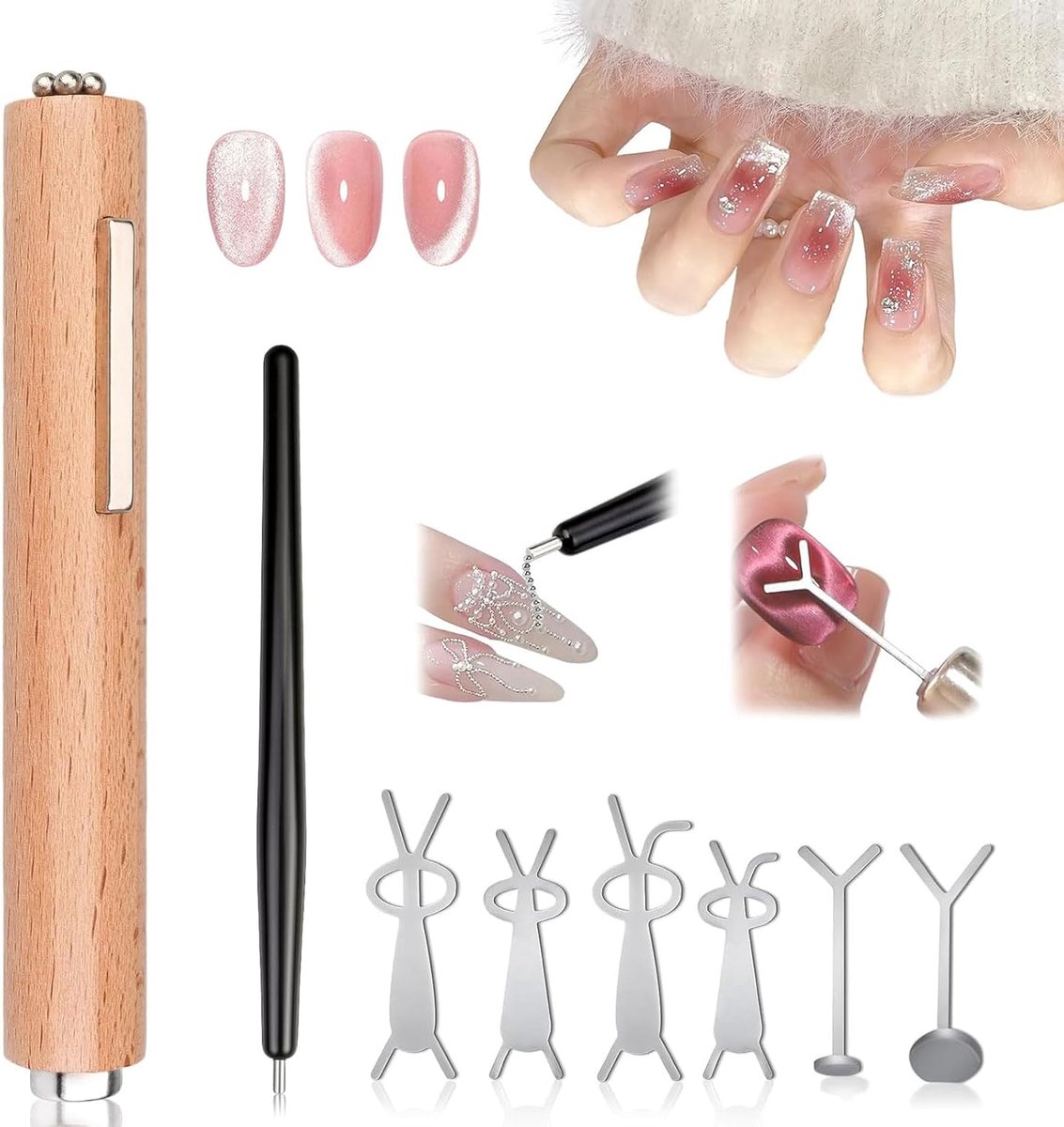 Magneet Nagelpen - 3-in-1 Tool - Nail Art - Houten Handvat - 15.75 cm