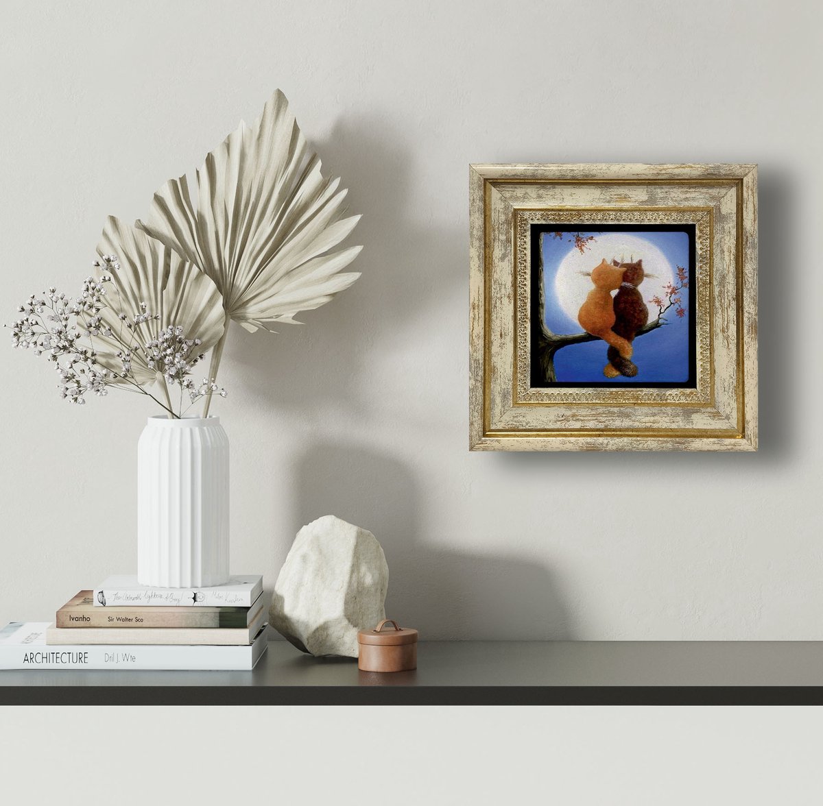 Artlijn Moonlight Cats Wanddecoratie – Natuursteen Art Print – Katten Illustratie – Travertin Steen Kunst
