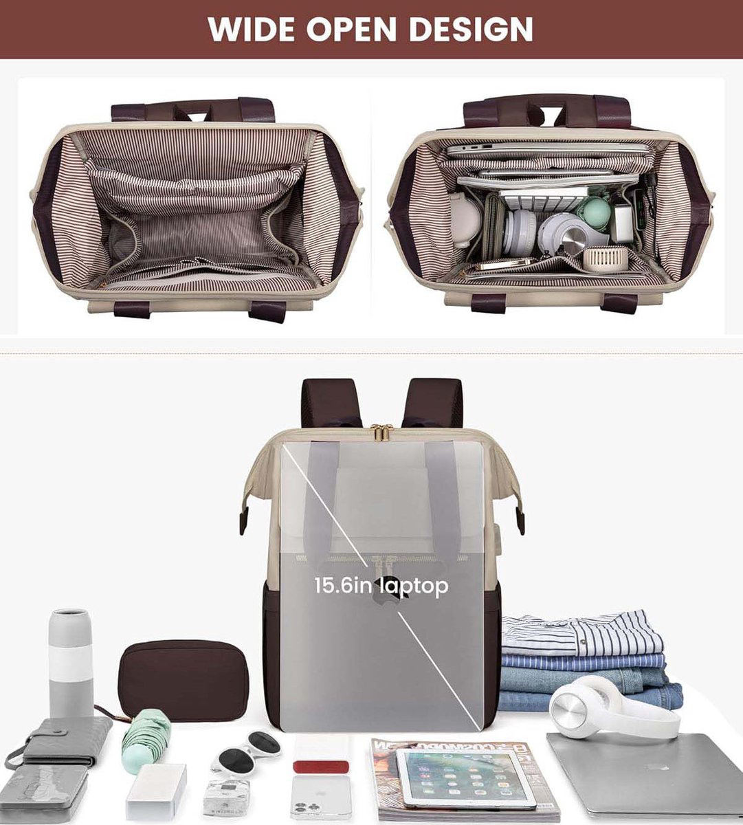 Groot Rugzak Dames - Laptop Rugzak - Met Laptopvak 15 Inch -Reisrugzak Dames - Reisrugzak Dames Waterdichtt - Zakelijke Handbagage voor Reizen Vakantie Kantoor - Schooltas Modern - Beige en Koffie 20X30X43cm thumbnail 4