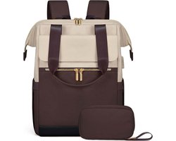 Groot Rugzak Dames - Laptop Rugzak - Met Laptopvak 15 Inch -Reisrugzak Dames - Reisrugzak Dames Waterdichtt - Zakelijke Handbagage voor Reizen Vakantie Kantoor - Schooltas Modern - Beige en Koffie 20X30X43cm