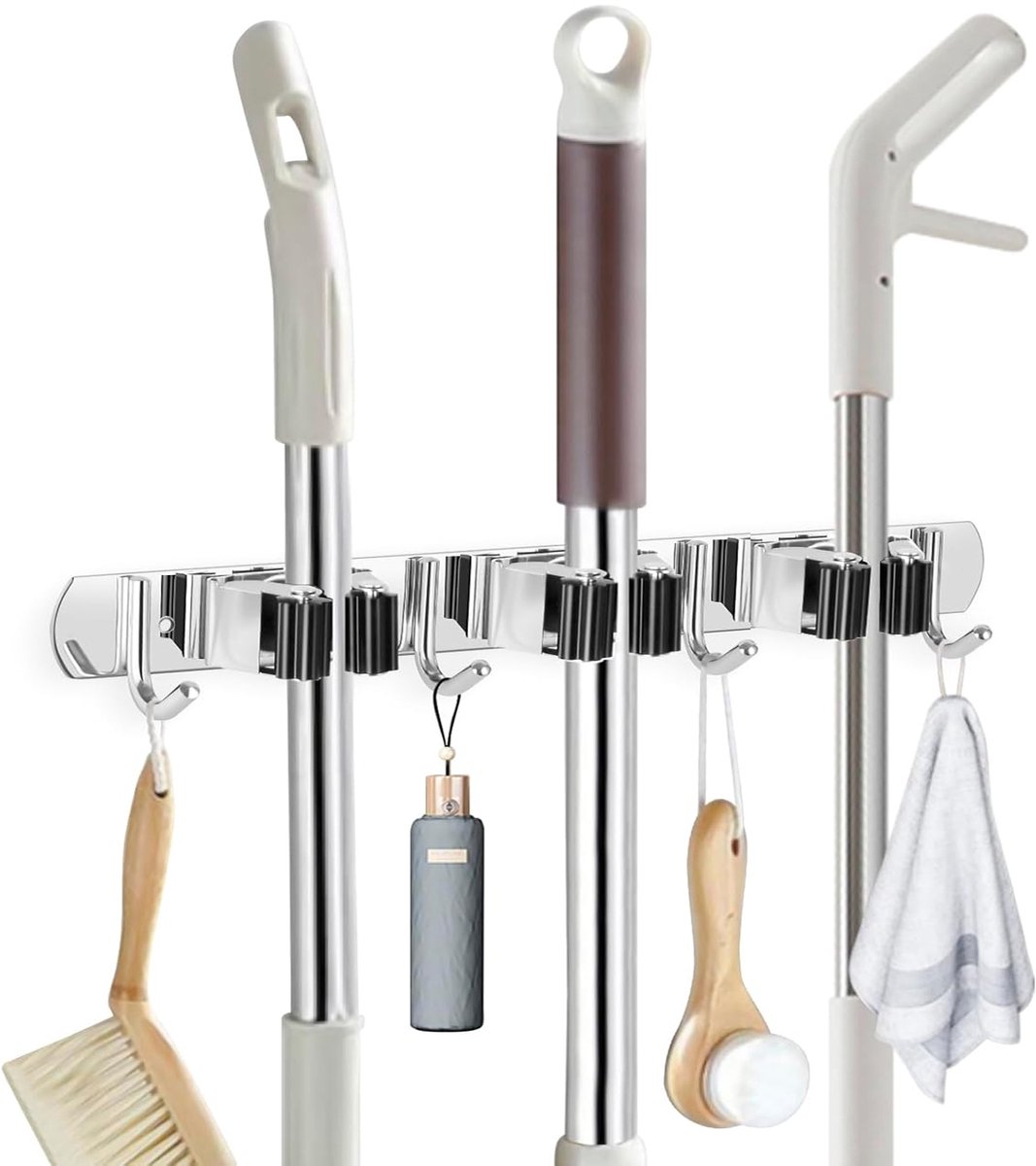 RVS Luxe Bezemhouder - Opbergsysteem met Ophanghaken -Zelfklevende Zware Haken Set (3 Racks + 4 Haken) - Voor Bezem, Mop & Tuingereedschap - Gereedschap Opbergen - 39cm