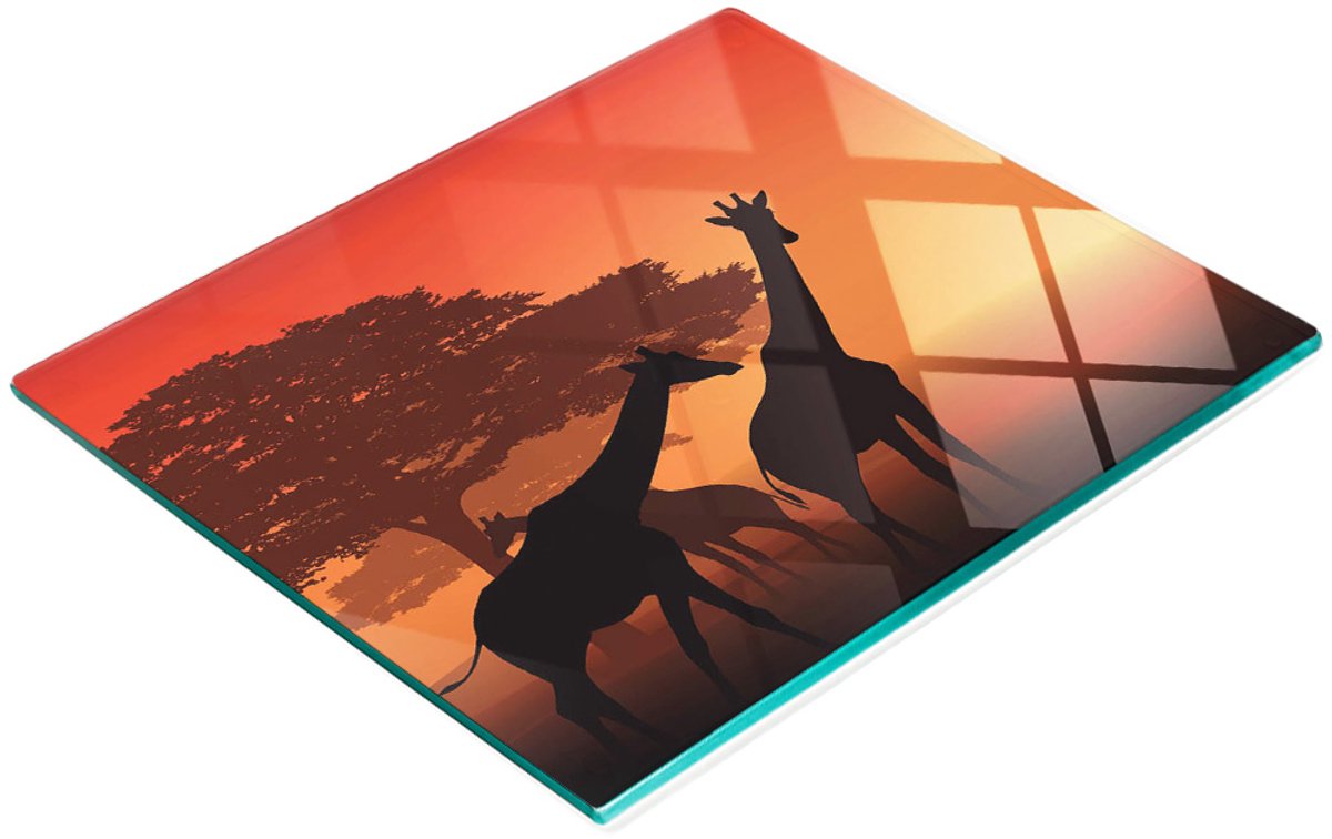 Multifunctioneel decoratief keukenbord van gehard glas met giraffemotief, 60x52 cm