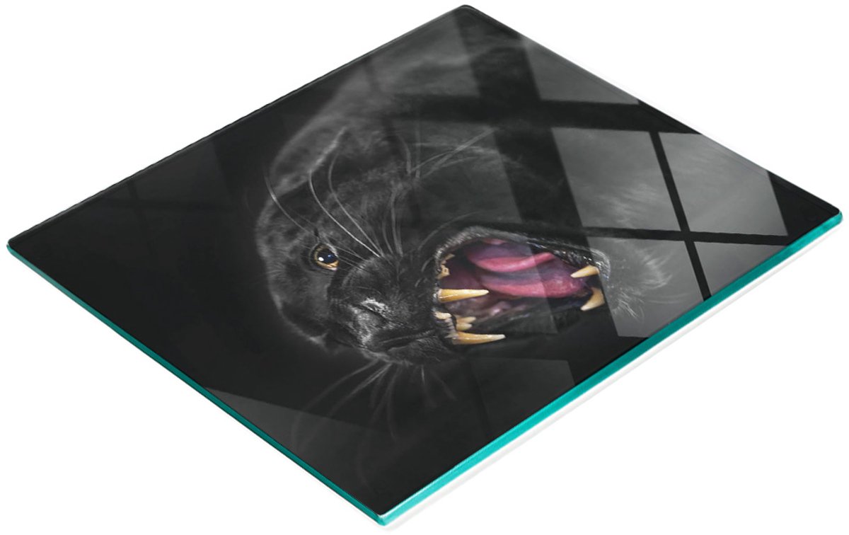 Gehard multifunctioneel decoratief bord van glas, zwart luipaardmotief, 60x52 cm