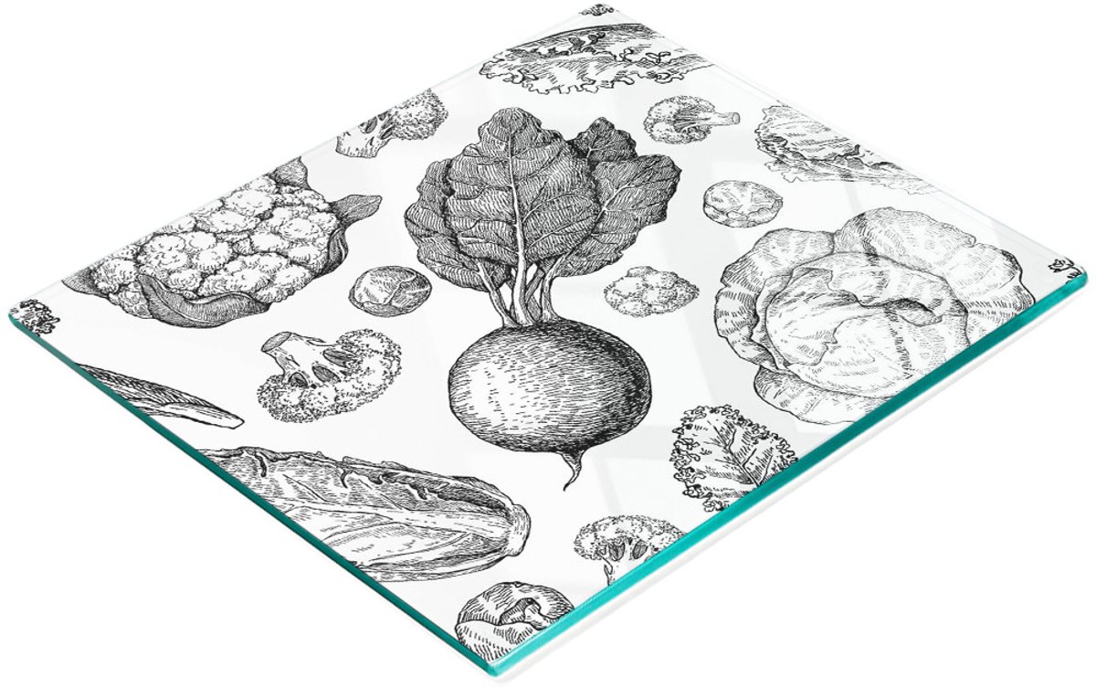 Serveerplank van gehard glas met groenteafbeeldingen, 60x52 cm
