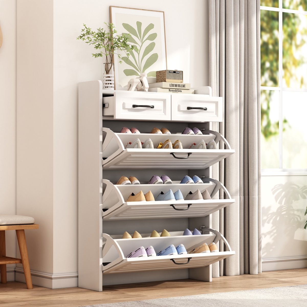 Schoenenkast – bestaande uit drie grote kleppen en twee lades – houten schoenenkast – schoenenrek – geschikt voor de hal en de woonkamer – afmetingen: B 80 / D 23,5 / H 131 cm
