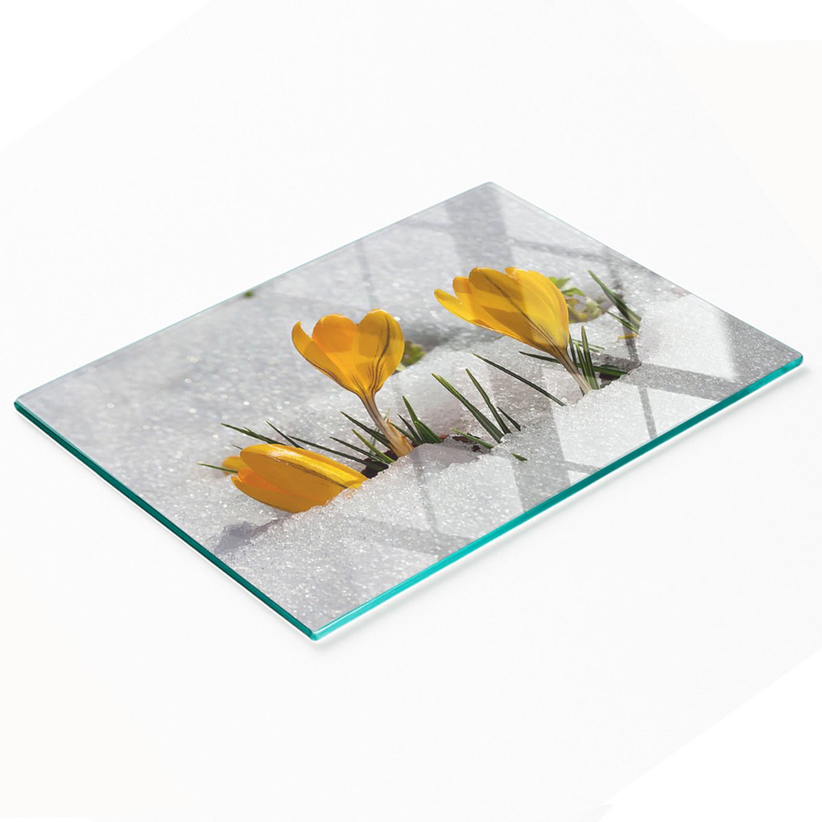 Decoratieve glazen snijplank voor in de keuken, krokussen in de sneeuw, 80x52 cm