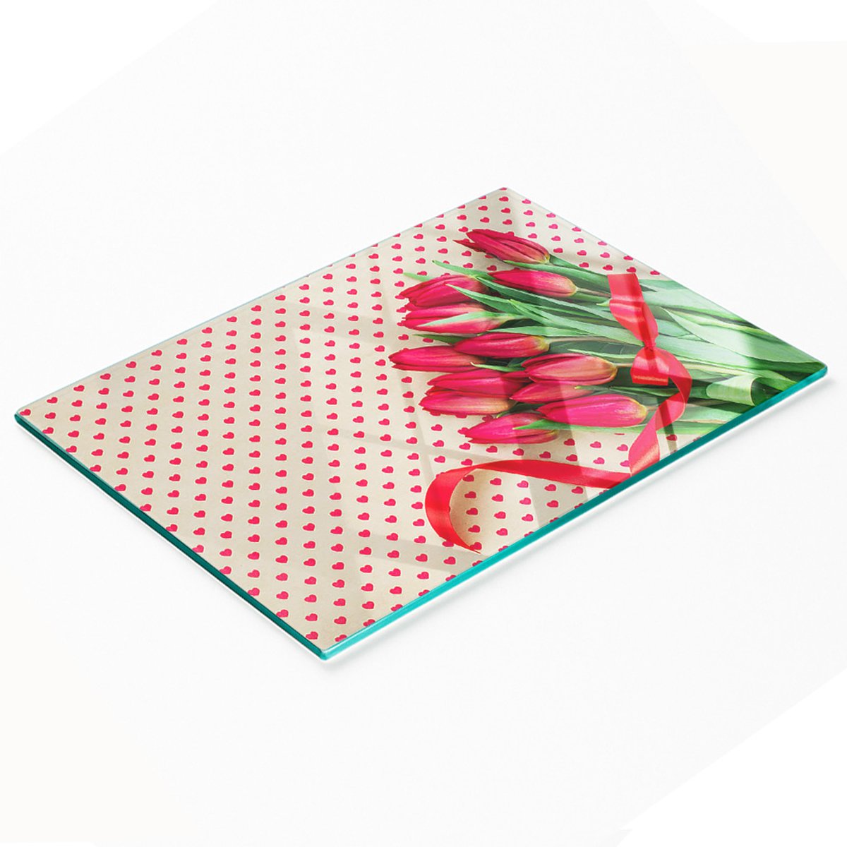 Glazen serveerplank met tulp- en hartmotief, 80x52 cm
