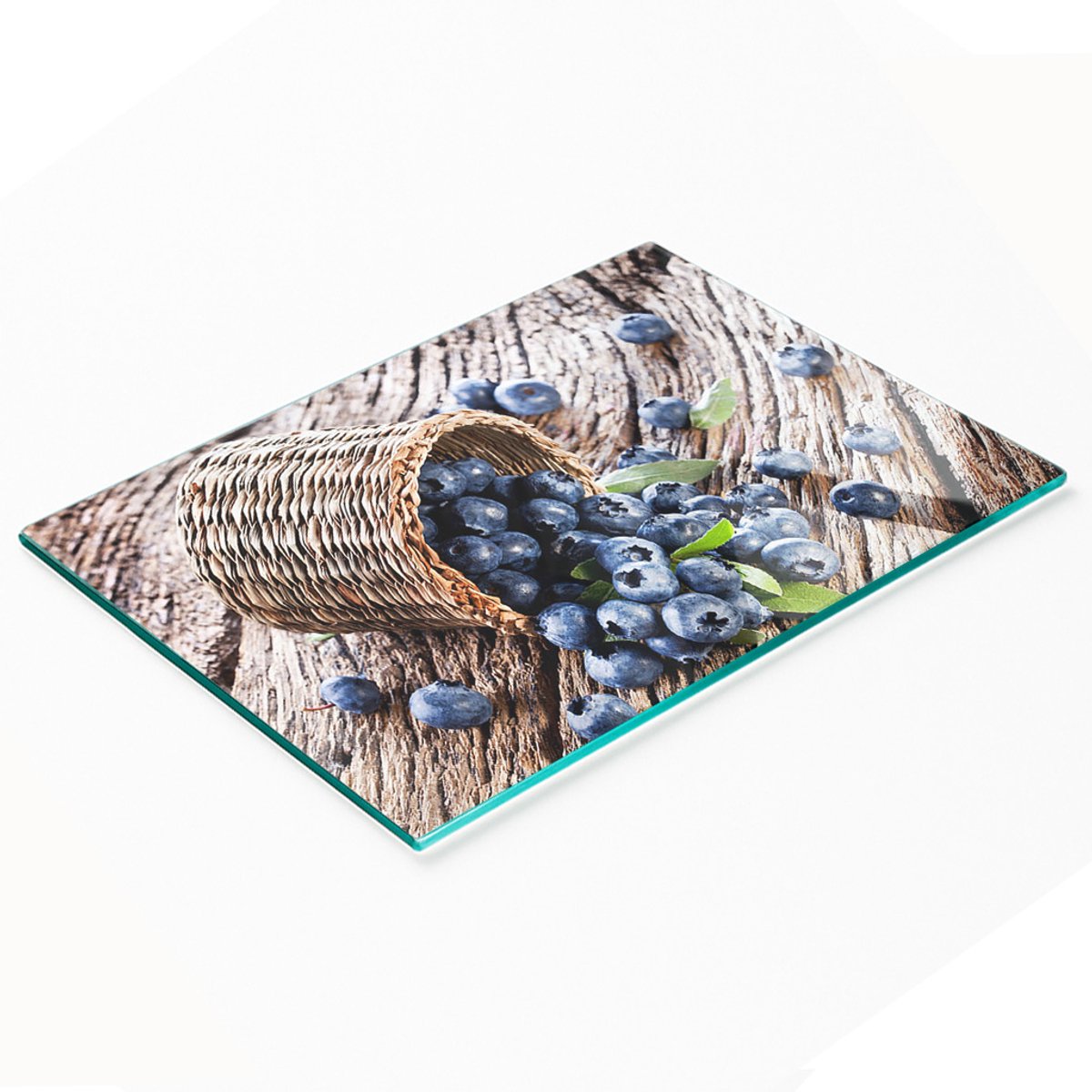 Decoratieve glazen keukensnijplank met bosbessenmandje 80x52 cm