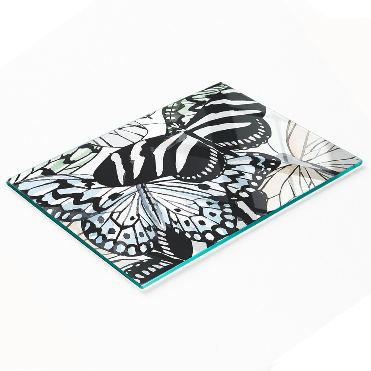 Multifunctioneel decoratief glazen bord met vlinder- en bloemenprint, 80x52 cm