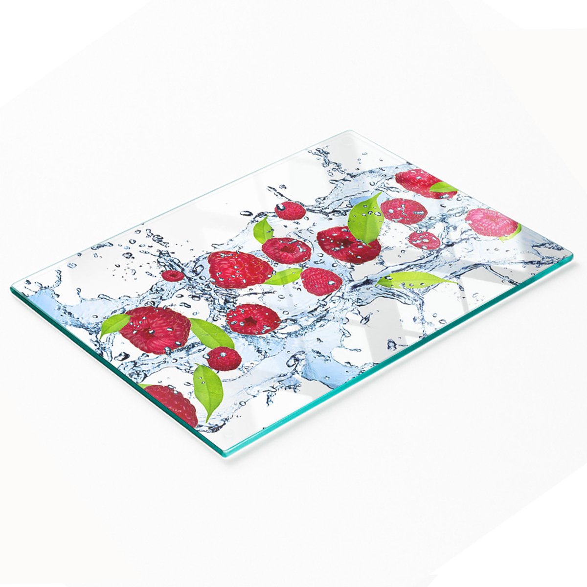 Multifunctionele decoratieve glazen keukenplank met frambozen en watermotief, 80x52 cm