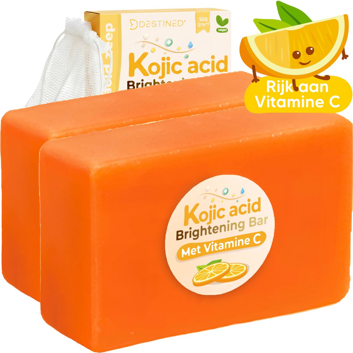 Destined® Kojic Acid Brightening Bar 1+1 Duo-Pack - Vitamine C Zeep - Dark Spot Remover / Pigmentvlekken Verwijderen - Huid Egaliseren - Anti Acne - Glow Boost - Alternatief Turmeric Zeep - Met Vitamine C & Kojic Acid - 280g