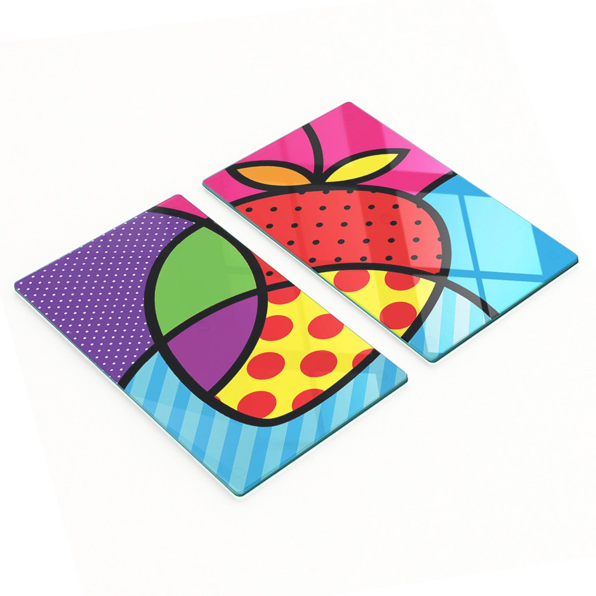 Set van twee glazen snijplanken met aardbeien-pop-artprint, 2x30x52 cm