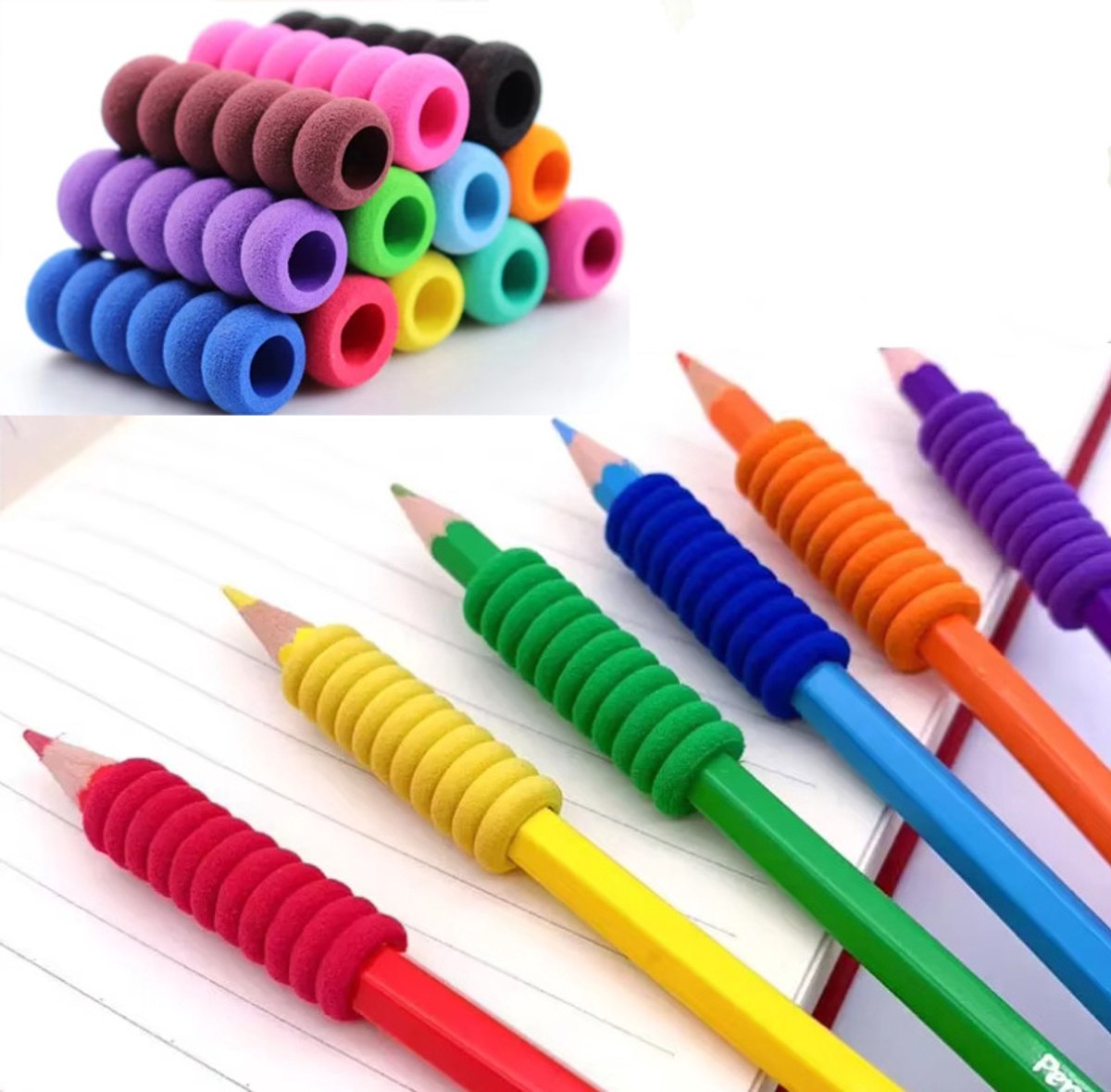 Actie4you®- Pen en potlood grip - Ronde foam grippers met ribbels - Penverdikker - 12 Stuks – Pen Hoes – Mix