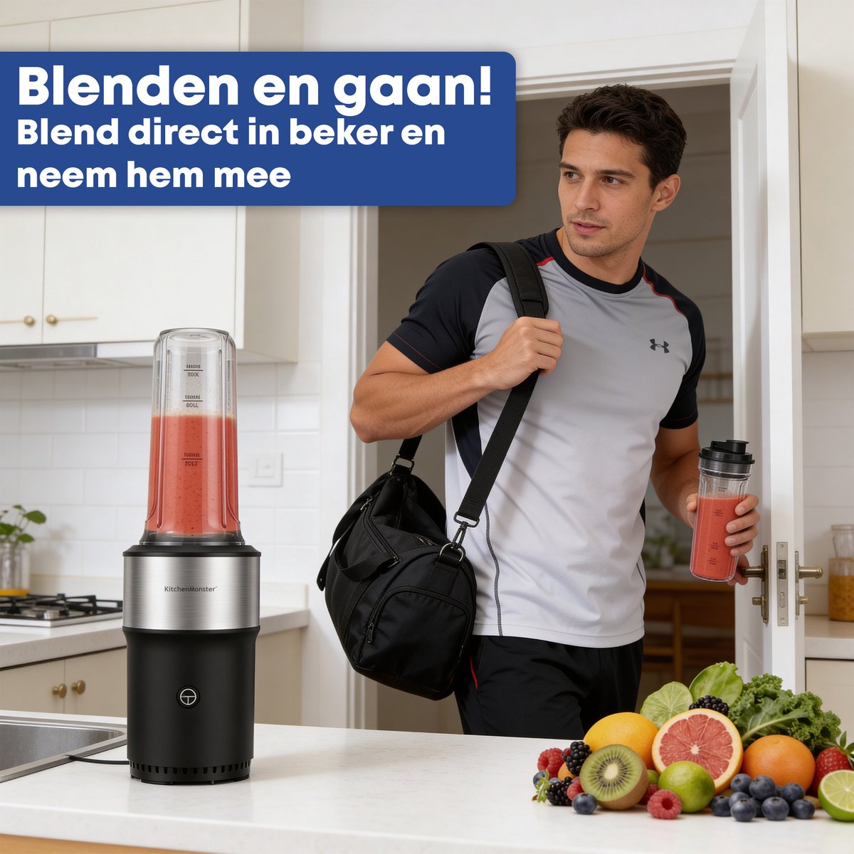 KitchenMonster Blender 900W - Smoothie Maker met 2 Draagbare Bekers To Go – foto 5