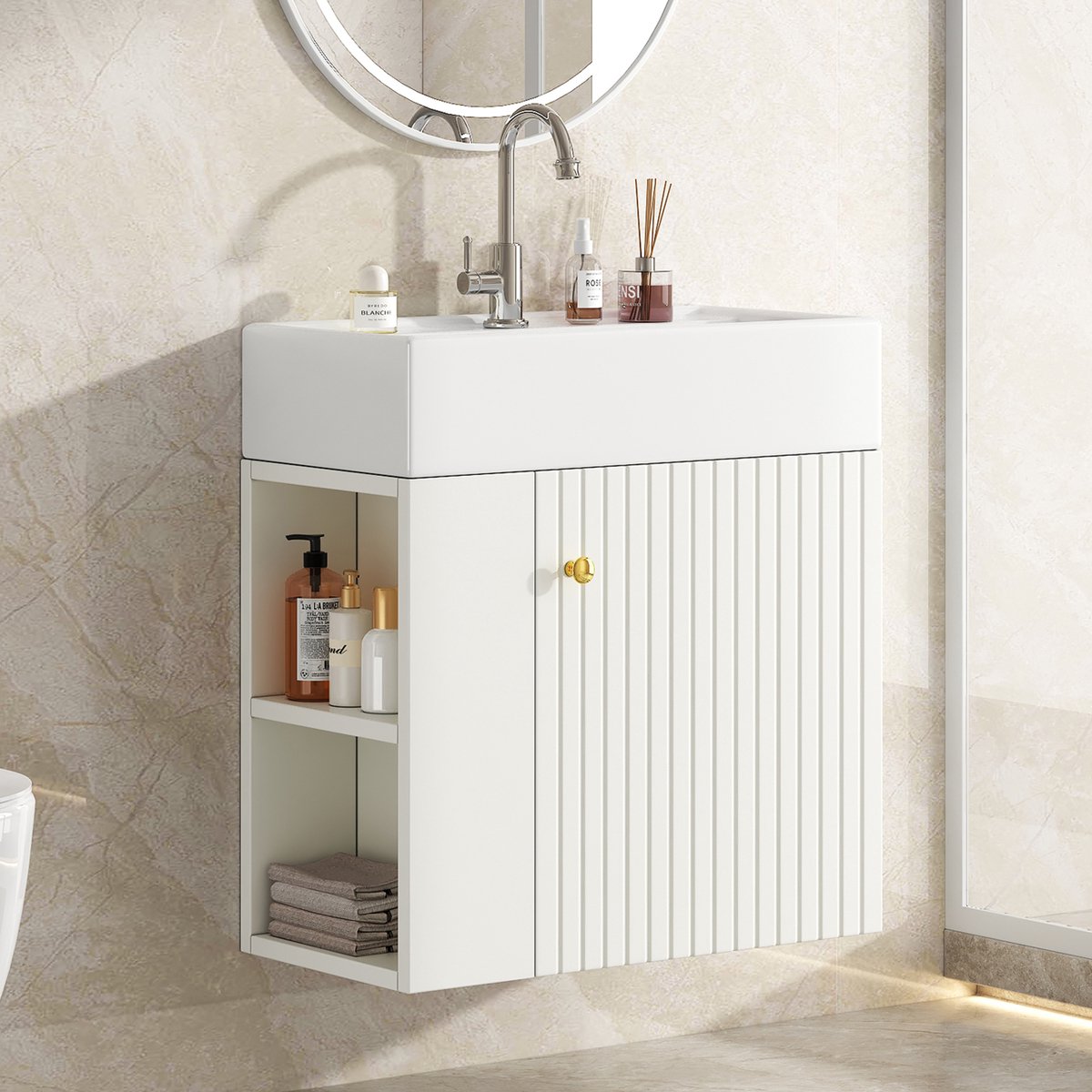 MODFU Badkamermeubel Met Wastafel - Hangend - 3D Front - Voor Kleine Badkamer - Spaanplaat En Keramiek - Wit