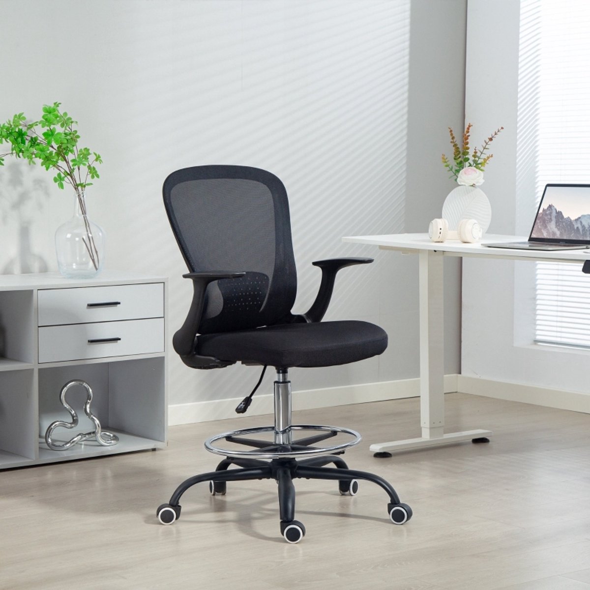 MODFU Bureaustoel - Verstelbare Zithoogte En Armleuningen - 360° Draaibaar - Voor Bureau - Hout - Zwart - 59 X 62 X 99-119 Cm