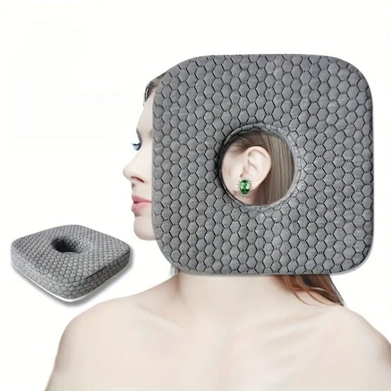 Geperforeerd kussen - hoofdkussen - Donutkussen - Oorkussen - kussen van traagschuim - Oorsteunkussen voor zijslapers - Grijs - Polyester/traagschuim