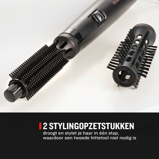 Zwarte Remington föhnborstel met twee opzetstukken: een ronde borstel en een andere ronde borstel met stuggere pinnen.