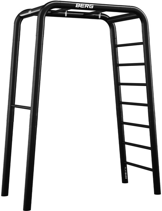 Zwart metalen speeltoestel met een ladder aan de rechterkant.