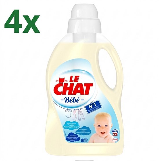 (4x) Le Chat Vloeibaar Wasmiddel Bébé – Hypoallergeen & Zacht voor Babyhuid – 32 Wasbeurten – 1440 ml – Voor Gevoelige Was