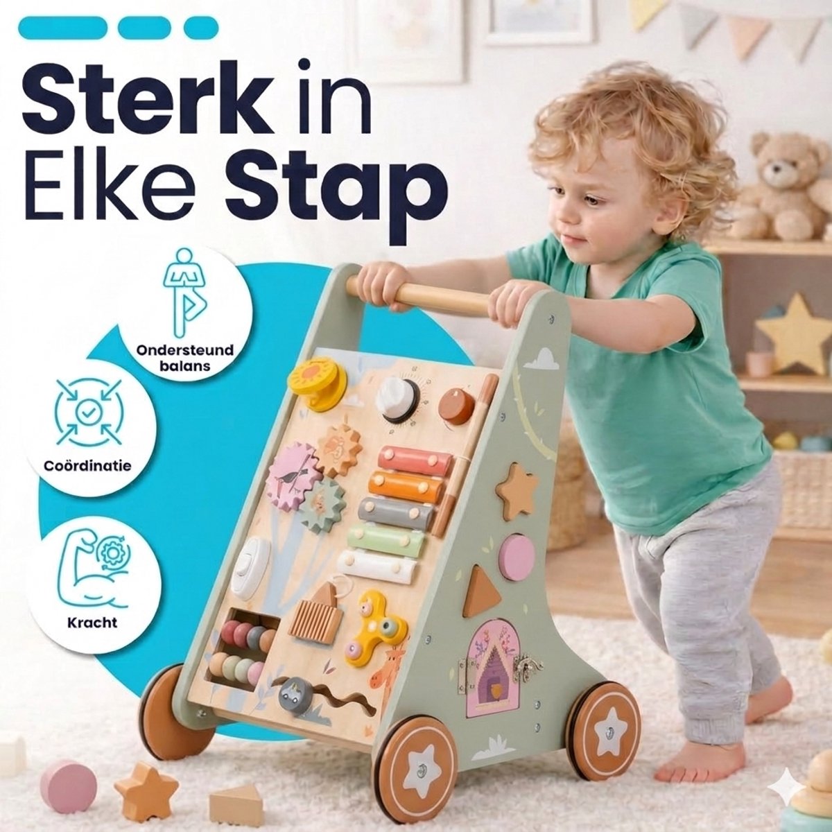 Laavir Houten Loopwagen met Activiteitenpaneel - Baby Walker met Xylofoon, Spiegeltje, Klok en Vormen - Montessori Speelgoed vanaf 1 Jaar - Lichtgroen — afbeelding 8