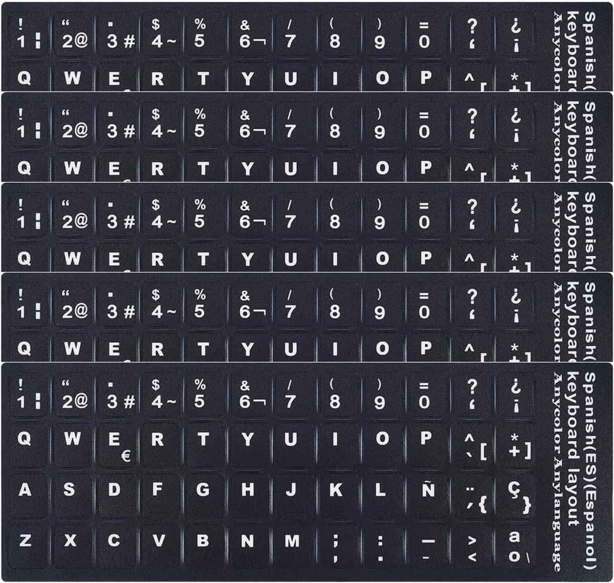Toetsenbordstickers - Spaans QWERTY - Laptop Aanpassen - 5 Stuks Set - 18x6.5cm - Zwart