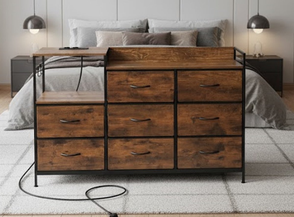Serena dressoir met 8 laden, stoffen commode met geïntegreerde stopcontacten, commode voor slaapkamer, woonkamer, hal, metalen frame, houtcomposiet, vintage houtlook, zwart, SSK007hov - Casa Serena...