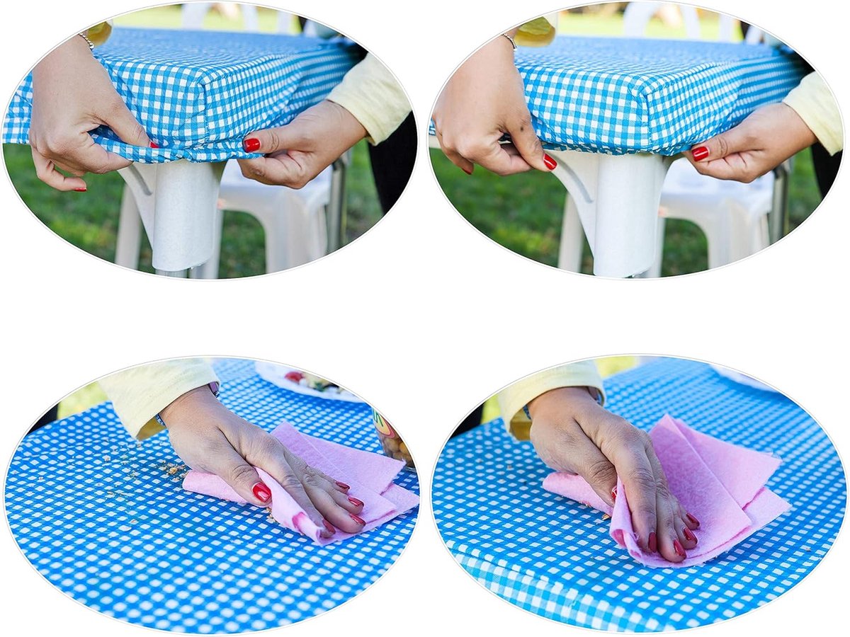 Elastisch Tafelkleed Vierkant Wit Blauw Geruit voor Binnen en Buiten