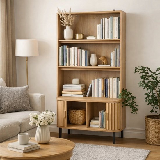 Bibliothèque Style Japandi avec Portes Coulissantes | Armoire de Rangement Minimaliste 80 × 40 × 175 cm