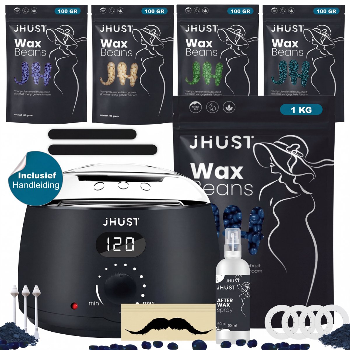 JHust® Professionele Wax Apparaat SET Zwart + Extra 1000 Gram Wax Beans + Siliconen Wax Sticks - Wax Beans Verwarmer - Wax Heater - Ontharing Set - Wax Set - Wax stick - Harsontharing - Waxverwarmer - Wax Bonen - cadeau voor vrouwen