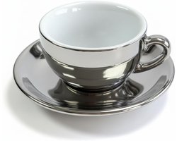 Set van 6 Cappuccinokopjes met Schotels - 200 ml - Dikwandig & Zilverkleurig - Klassiek Italiaans Design