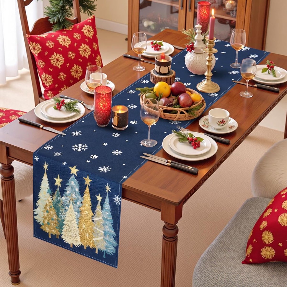 Blauwe Kerst Tafelloper Boho Modern met Sneeuwvlokken en Kerstbomen Print
