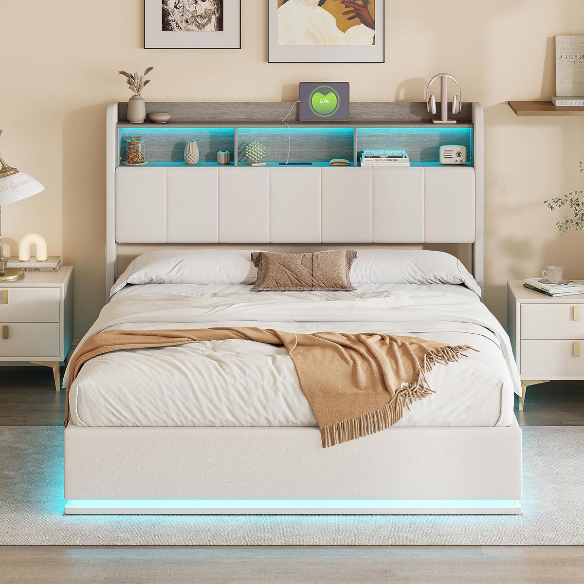 Tweepersoons Gestoffeerd Bed 140x200 met Hydraulische Opbergruimte en LED Verlichting