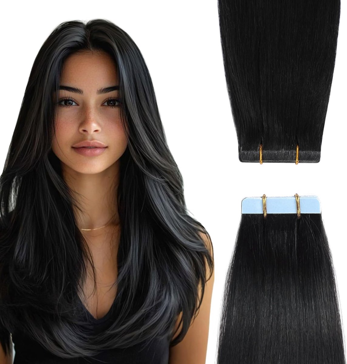 Onzichtbare Tape In Haarverlenging Echt Haar Jet Zwart 35 cm - Extensies Remy Haar Steil