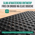 Gedetailleerde weergave van de zwarte antislip badmat met 196 afvoergaten en vele zuignappen.