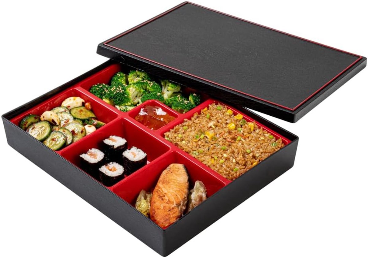 Grote Japanse BENTO Box met 6 Vakken - Rechthoekig Zwart & Rood